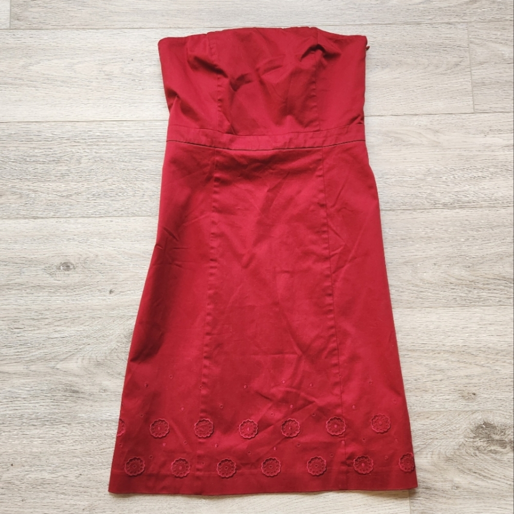 Ann Taylor Red Dress Womens 4 Strapless Floral Embroidered Cotton